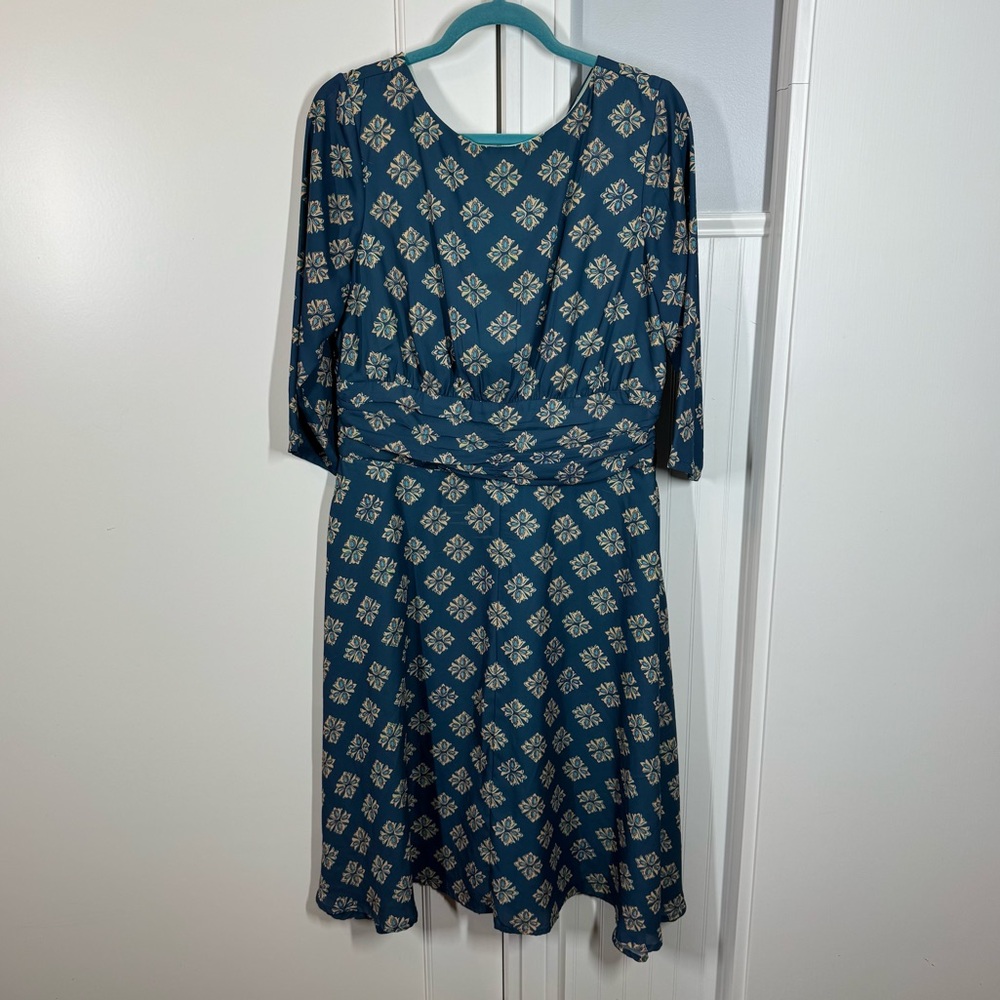 Wayward‎ Fancies Blue Printed Mod MIDI Dress modest office career pockets size L